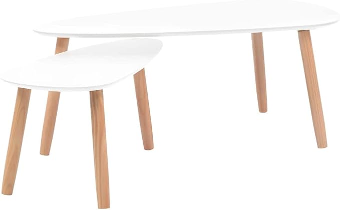 Scandinavian Oval Coffee Table Set of 2 White Solid Pine Wood Modern Minimalist by Unknown