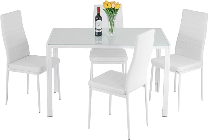 FDW | 5-Piece Dining Table Set | White | Glass Kitchen Table by FDW