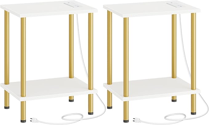 HOOBRO Side Table with Charging Station, Nightstand with 2-Layer Storage Shelves by HOOBRO