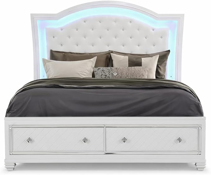 First of a Kind Shiney Contemporary 5 Piece King Bedroom Set High Gloss White - Image 4