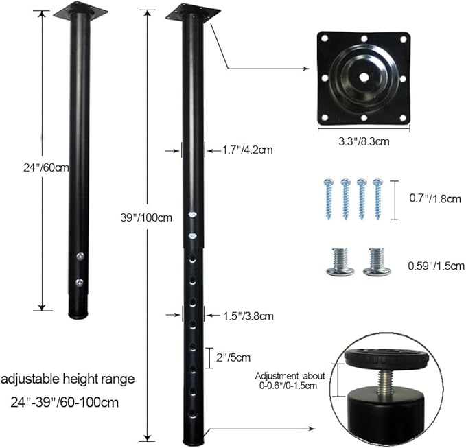 QLLY Adjustable Metal Table Leg, 24-40 inch, Home Office DIY Desk Leg, - Image 2