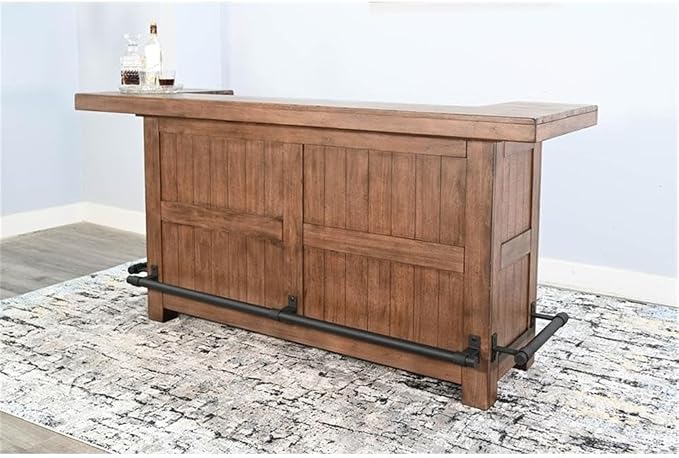 Pemberly Row Set of 3 Natural Brown Wood Bar Unit and 2 Backless Swivel Barstool - Image 7