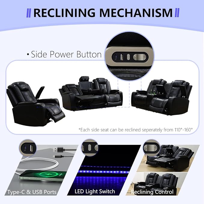 Power Recliner Sofa Set, Living Room Furniture Sets, Leather Reclining Sofa Set - Image 4