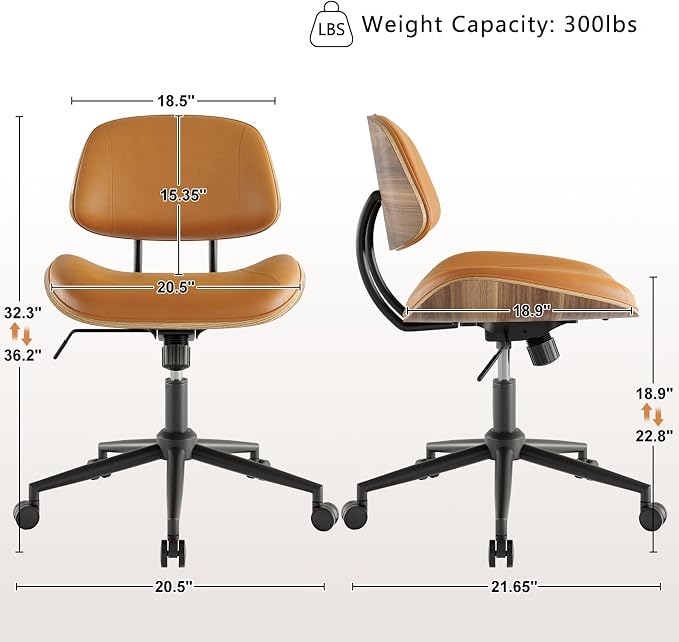 Armless Office Chair with Wheels, PU Leather Adjustable Height Desk Chair - Image 2