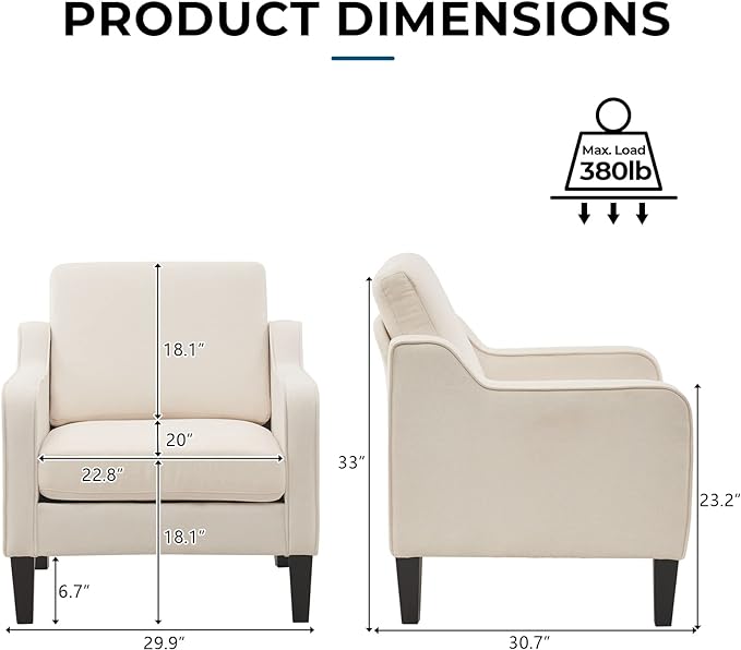 VINGLI Modern Accent Chairs Set of 2, Upholstered Sofa Chair Reading Chair - Image 2