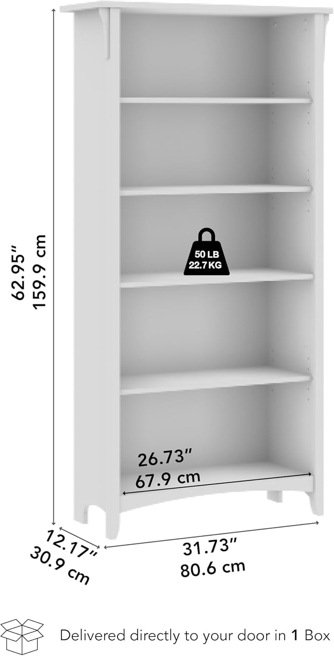 Bush Home Salinas 5 Shelf Bookcase in Antique White, Tall Bookshelf, Large Book - Image 3