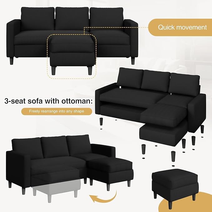 JAMFLY Sectional Sofa for Living Room, 3-Seat Reversible Couch - Image 4