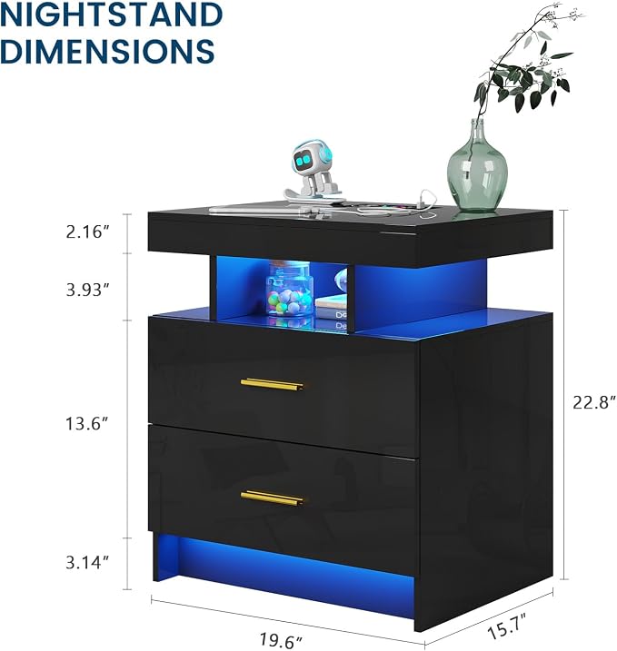 HNEBC Nightstand Set of 2 with Charging Station, Auto LED Night Stand with - Image 9