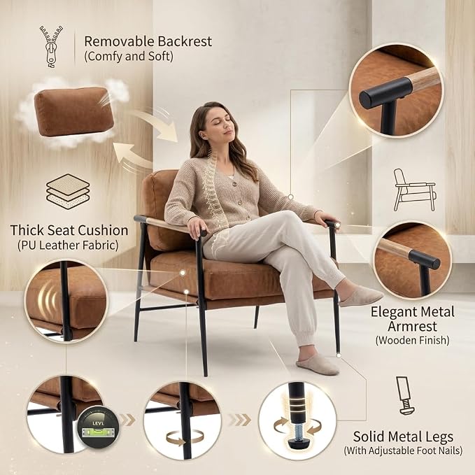 Ya-Home Mid-Century Accent Chair Set of 2, Soft Armchair PU Leather Lounge Chair - Image 5
