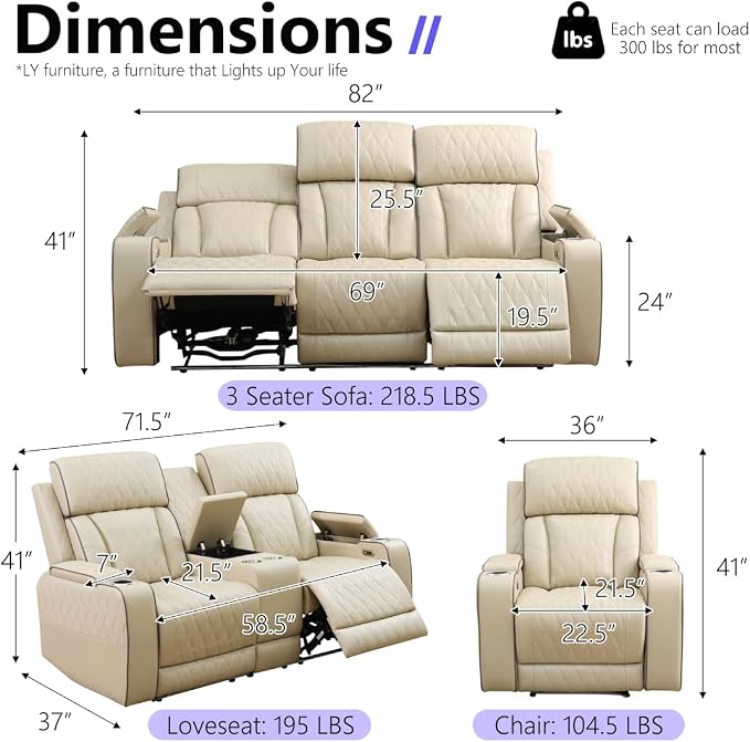 Power Recliner Sofa Couch with LED, Breathing Leather Reclining Couch, Living - Image 2