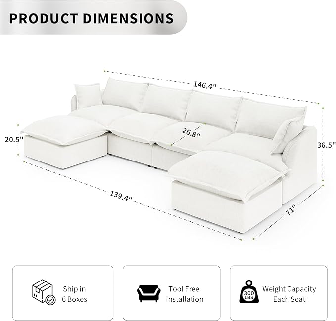 6 Seat U Shape Modular Sectional Couch Sofa - Image 2