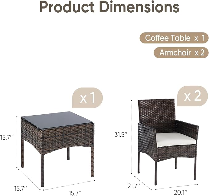 DUMOS 3 Piece Patio Furniture Set, All-Weather Outdoor Wicker Chairs - Image 3