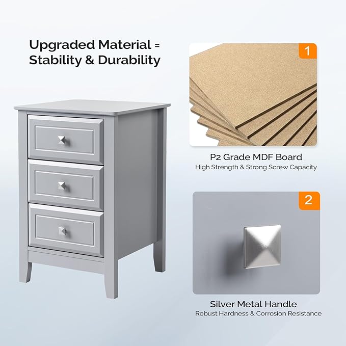Bonnlo Gray Nightstands Set of 2, 3 Drawer Nightstand, Modern Night Stand - Image 4