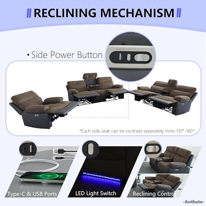 Power Recliner Chair Sofa, Living Room Furniture Sets, Luxury Fabric Reclining - Image 5