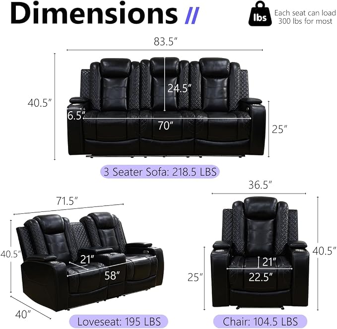 Power Recliner Sofa Set, Living Room Furniture Sets, Luxury 3 Piece Living Room - Image 2