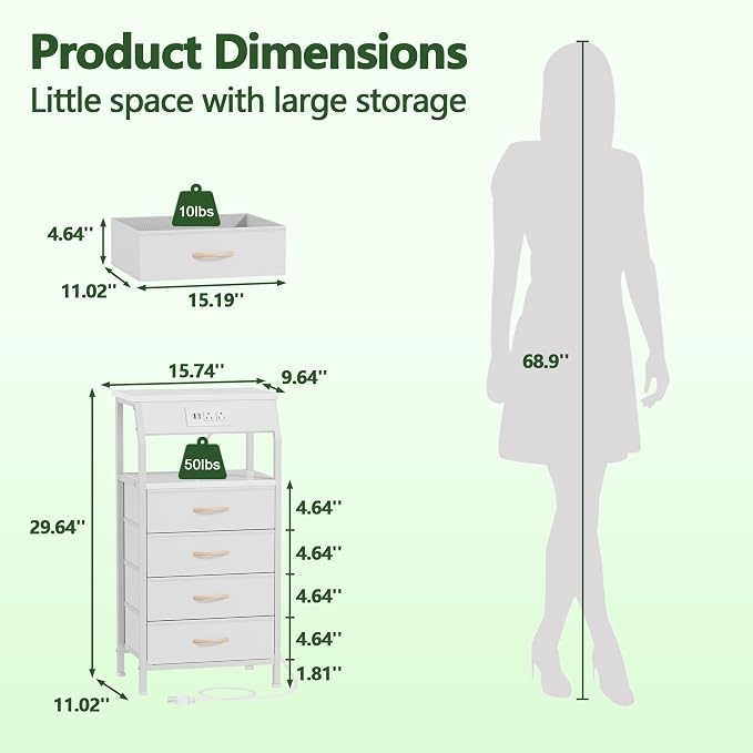 Furnulem Night Stand with Charging Station, Dresser with PVC & Fabric Drawers - Image 3