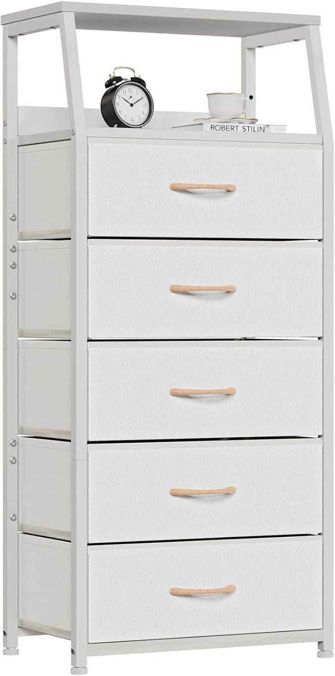 Furnulem White Dresser with 5 Drawers, Vertical Storage Tower Fabric Dresser by Furnulem