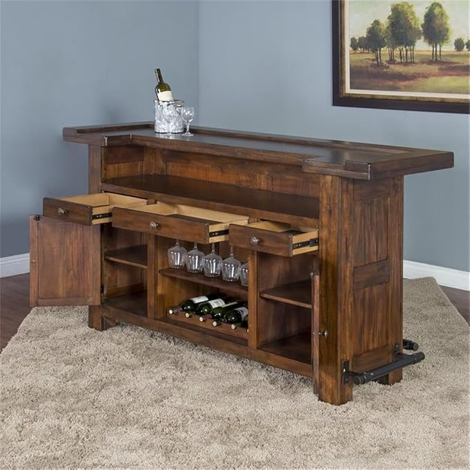 Pemberly Row Set of 3 Polished Brown Wood Bar Unit & 2 Swivel Barstool - Image 4