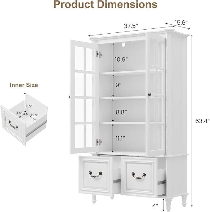 QUW 63" Tall Bookshelf with Glass Doors and Solid Wood Legs, Modern Book Shelf - Image 3