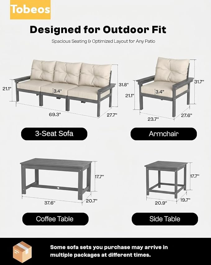 HDPE 3 Piece Patio Furniture Set, All-Weather Outdoor Couch Set - Image 2