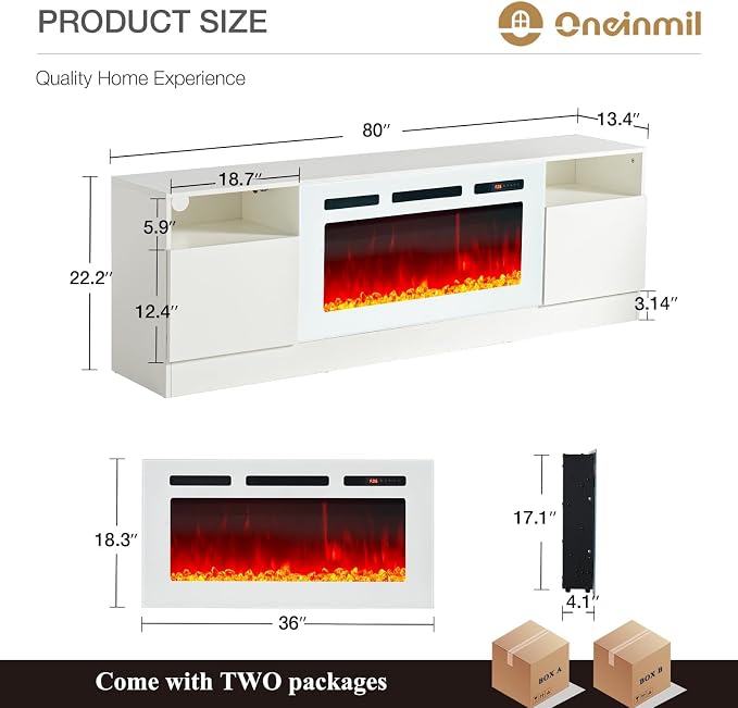 oneinmil 80” TV Stand with 36” Electric Fireplace, Large Modern Media - Image 3