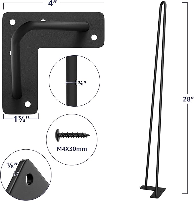 SMARTSTANDARD Hairpin Table Legs 24 Inch, 3/8" Solid Metal Legs - Image 3