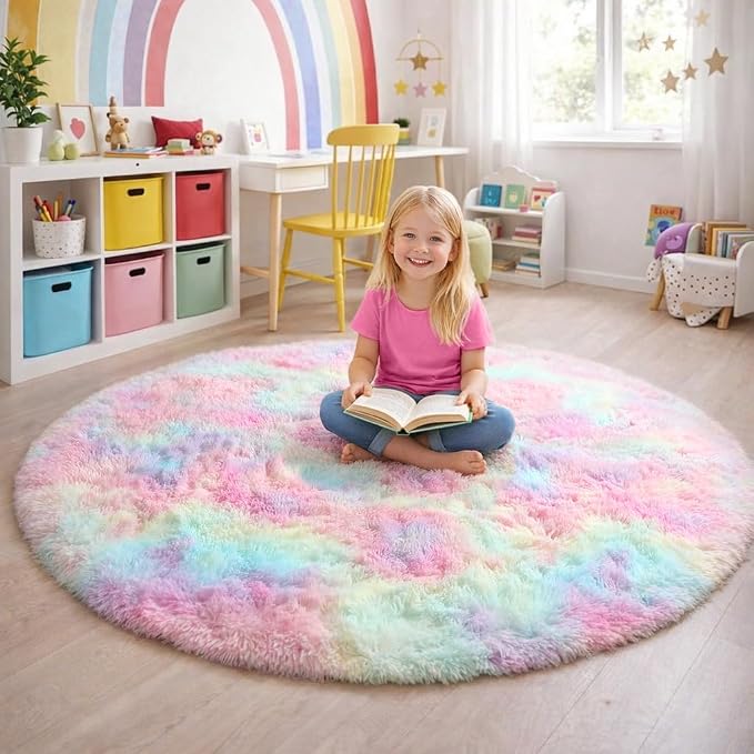 Amdrebio Rainbow Fluffy Round Rug 4Ft Kids Rugs - Image 7