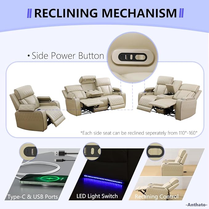Power Recliner Sofa Couch with LED, Breathing Leather Reclining Couch, Living - Image 4
