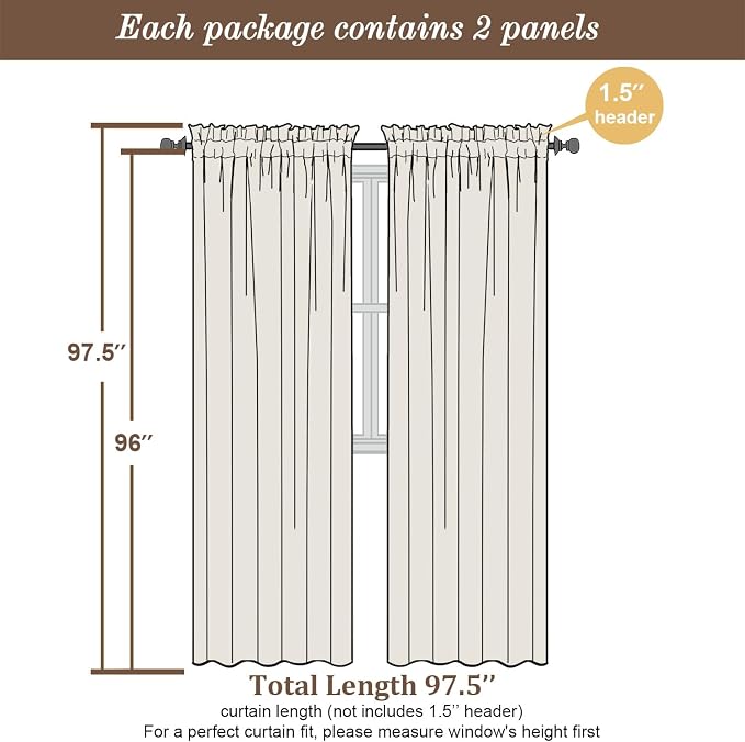 Chyhomenyc Semi Sheer Curtains 96 Inches Long 2 Panels - Image 5