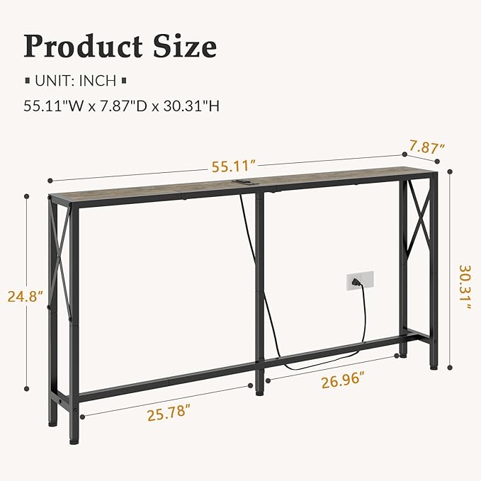 Gewudraw Sofa Table with Oulets and USB Ports, 55.1" Couch Table Behind Sofa - Image 3