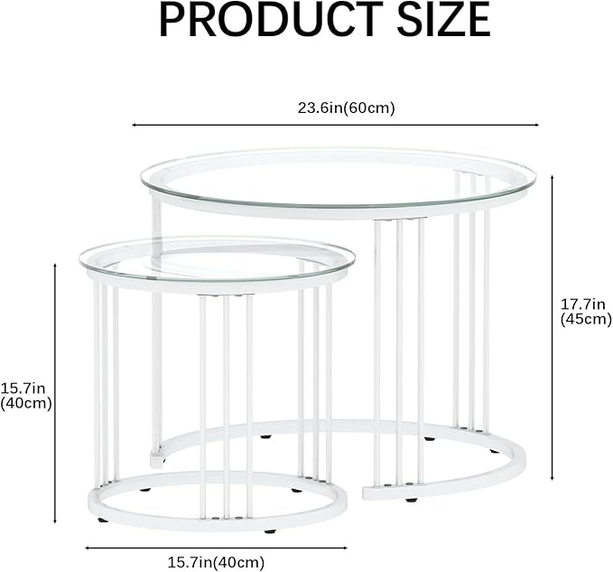 Garden 4 you Nesting Coffee Table, 23.6" Round Coffee Table Set of 2, Glass - Image 2