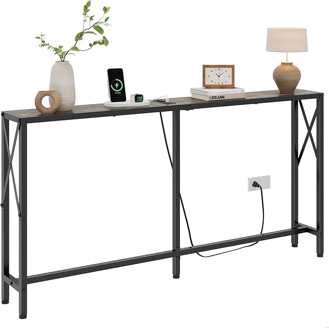 Gewudraw Sofa Table with Oulets and USB Ports, 55.1" Couch Table Behind Sofa by Gewudraw