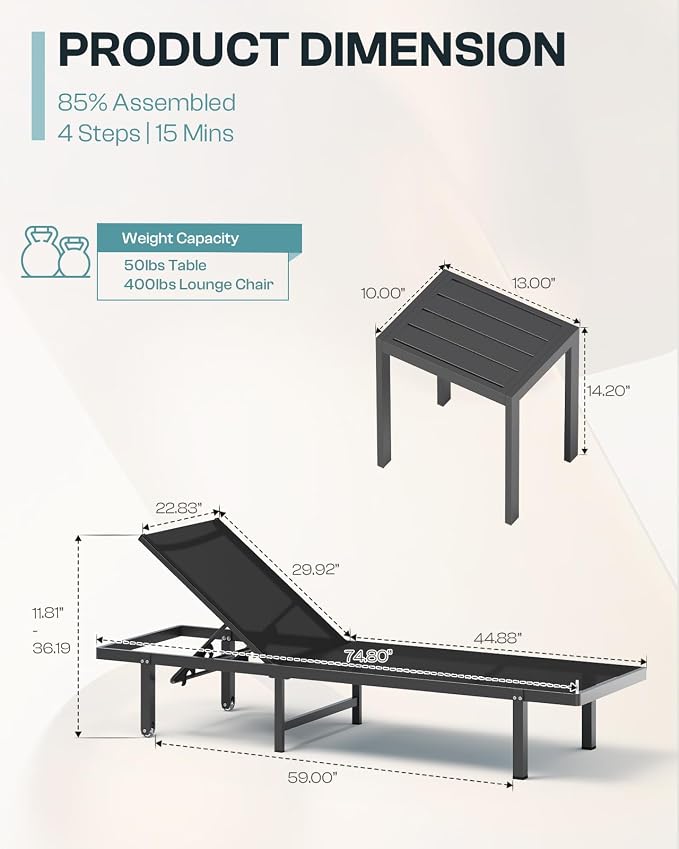 Lounge Chair Outdoor with Wheels, Aluminum Patio Chaise Lounge Chair with 5 - Image 2