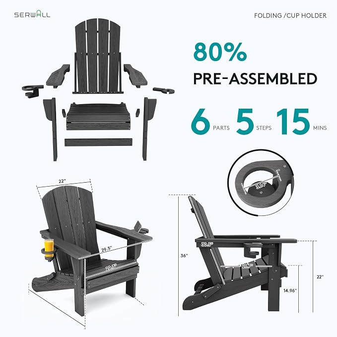 SERWALL Foldable Adirondack Chair Set of 4, HDPE Adirondack Chair - Image 7