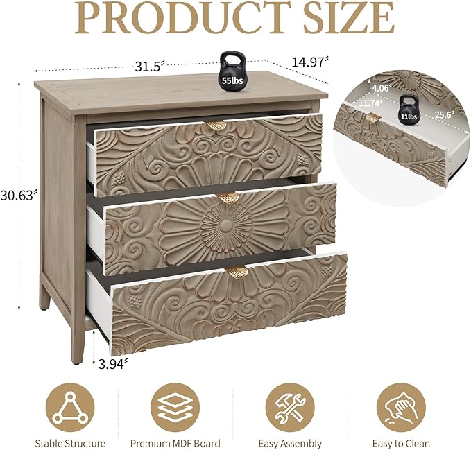 31.5" Carved 3-Drawer Cabinet - Image 2