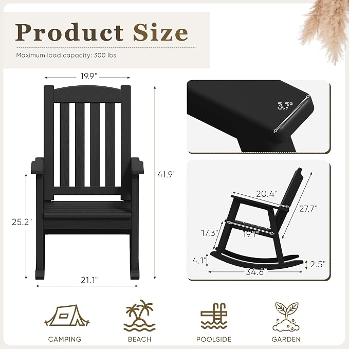 Greesum Outdoor Rocking Chair, 300lbs All-Weather Patio Rocker, Rust-Proof & - Image 3