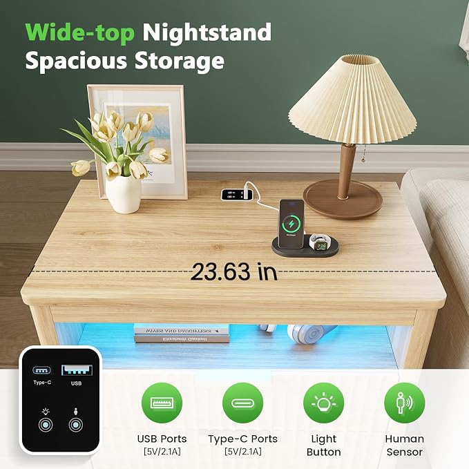 HNEBC Nightstand Set of 2 with Gun Drawer, Nightstands with Hidden Compartment - Image 5
