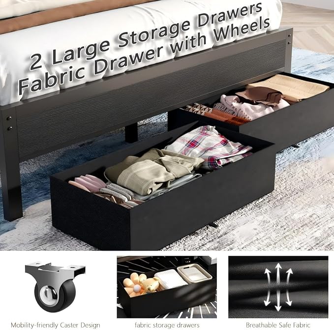Furnulem Queen Bed Frame with Charging Station and LED Lights, Metal Platform - Image 7