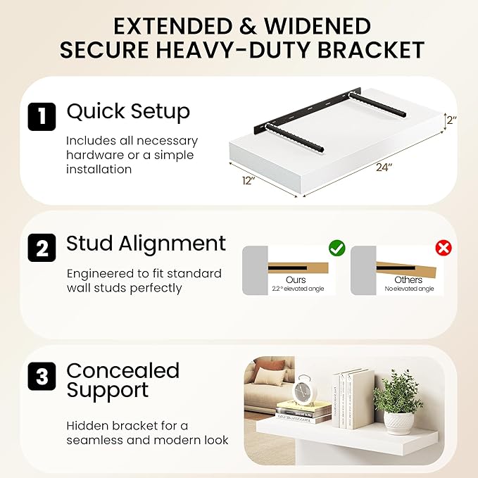 White Floating Shelves 55Inch Long, 12 Inch Deep Floating Shelves - Image 6