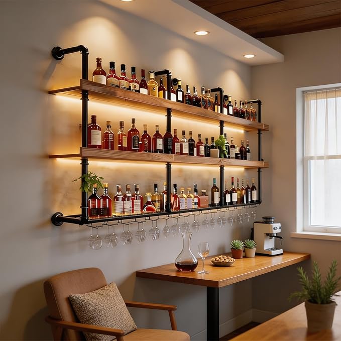 Wall Mounted Wine Rack with LED Lights, 3-Tier Industrial Wood Floating Shelves - Image 4