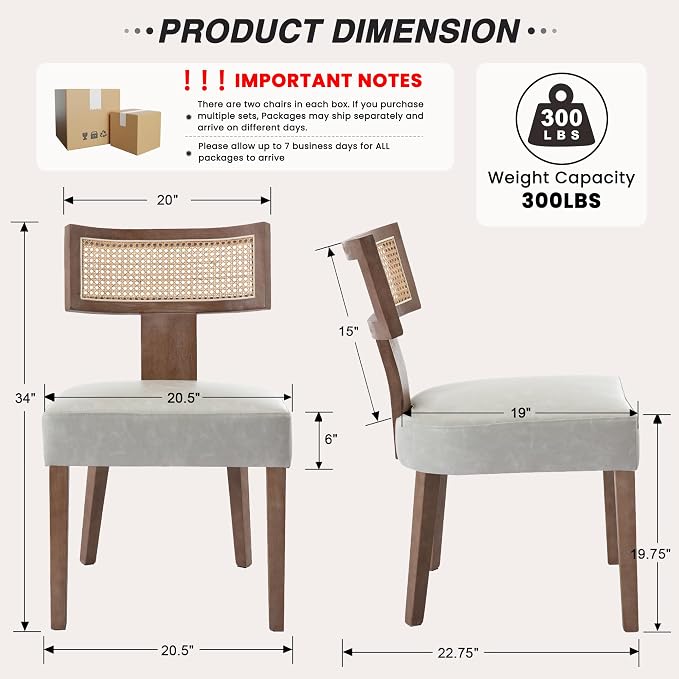 HNY Mid Century Modern Rattan Dining Chairs Set of 6, Farmhouse PU Leather - Image 2