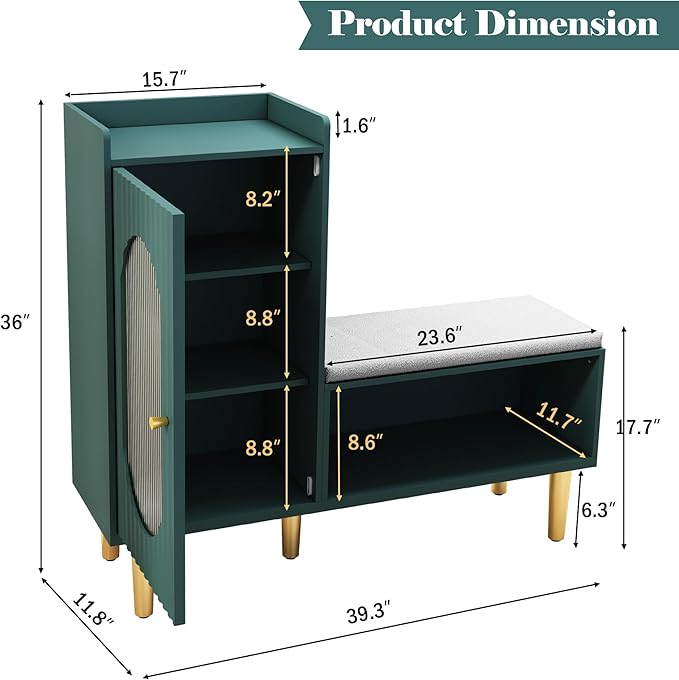 HLR Storage Bench with Glass Door&Shelf, Modern Entryway Shoe Cabinet Bench - Image 2