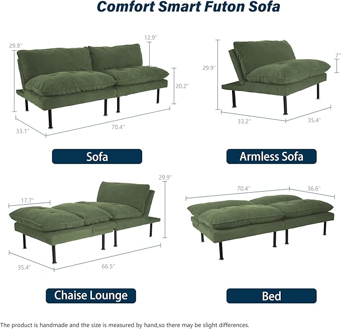 Ribilake 3 Sets 70" Futon Sofa Bed, 4 in 1 Multi-Function Couch Sleeper - Image 2