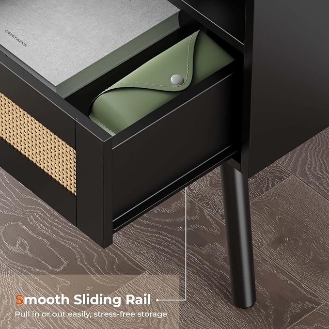 SUPERJARE Nightstand with Charging Station & Rattan-Like Decor Drawer, Rattan - Image 8