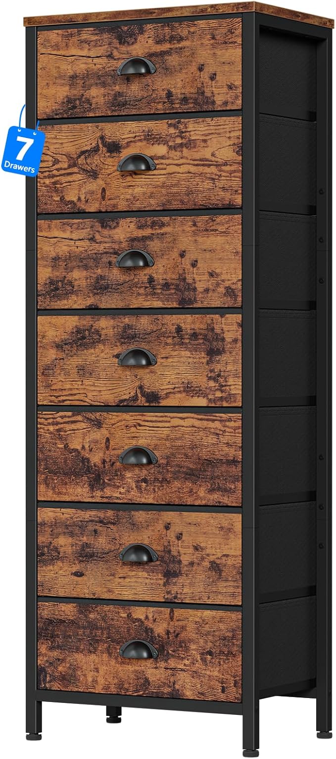 Furnulem Bedroom Dresser with 7 Drawers, Tall Industrial Fabric Chest of Drawers by Furnulem