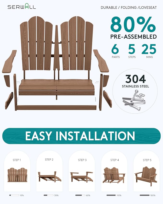 SERWALL Folding Adirondack Bench, HDPE All-Weather Adirondack Loveseat - Image 4