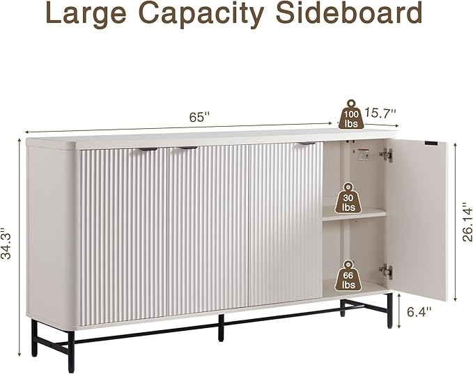 Fatmok 65" Buffet Cabinet with Storage, Fluted Credenza Sideboard with 4 Doors - Image 2