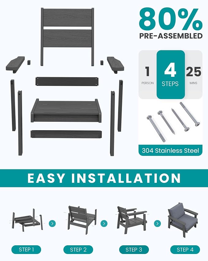 SERWALL HDPE Outdoor Furniture Set, 7 Piece All Weather Wood-Like Outdoor Sofa - Image 6