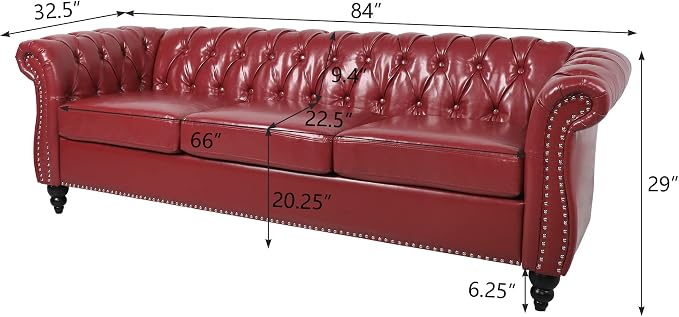 ORRD 3 Pieces Living Room Set, Chesterfield Sofa Faux Leather Loveseat Couch - Image 2