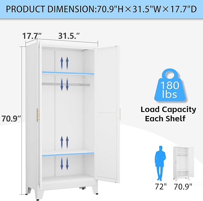 erosoei 71 "Metal Armoire Wardrobe Closet, Steel Clothing Storage Cabinet - Image 2